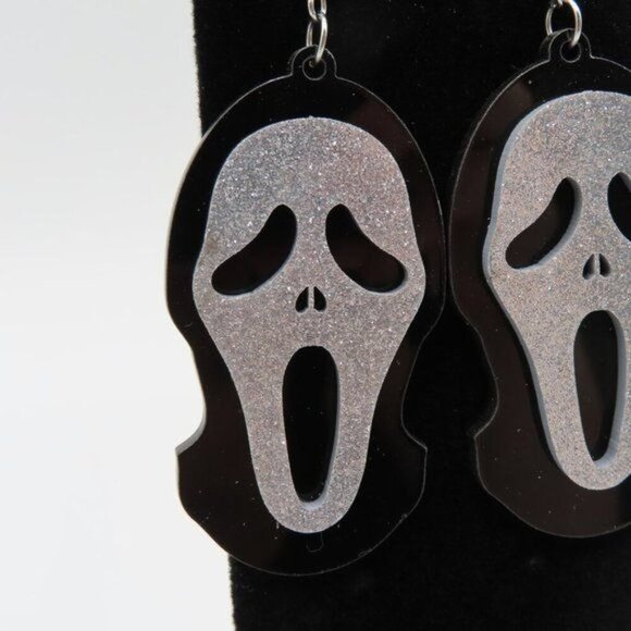 Ghost Face Black Silver Glitter Dangle Earrings Halloween Scream Horror Spooky - Picture 5 of 8